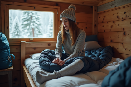 Femme en vêtements chauds dans refuge de montagne