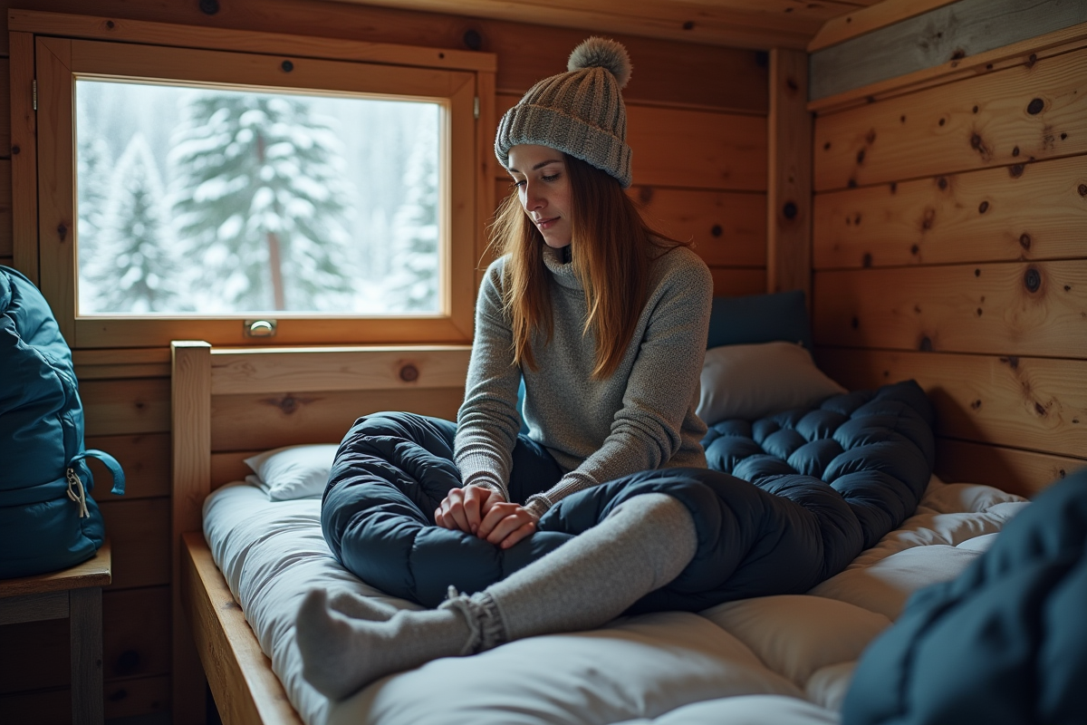 Femme en vêtements chauds dans refuge de montagne
