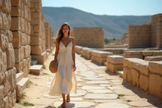 Jeune femme marchant dans les ruines d'Akrotiri à Santorini
