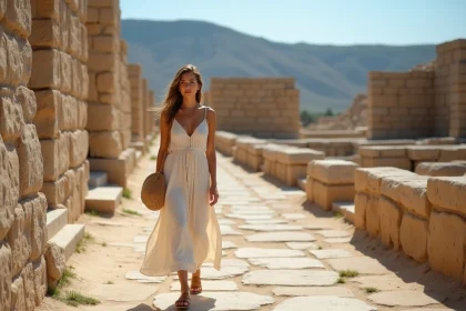 Jeune femme marchant dans les ruines d'Akrotiri à Santorini
