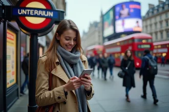 Jeune femme souriante vérifiant une carte à Piccadilly Circus
