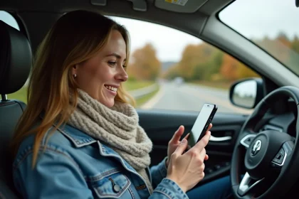 Femme souriante dans la voiture vérifiant son itinéraire