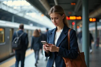 Femme professionnelle consultant une application de trajet sur son smartphone dans une gare urbaine animée