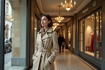 Femme élégante en trench beige devant boutique à Passage Vivienne