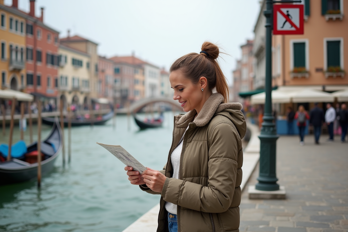 Femme détendue vérifiant un plan de transport à Venise
