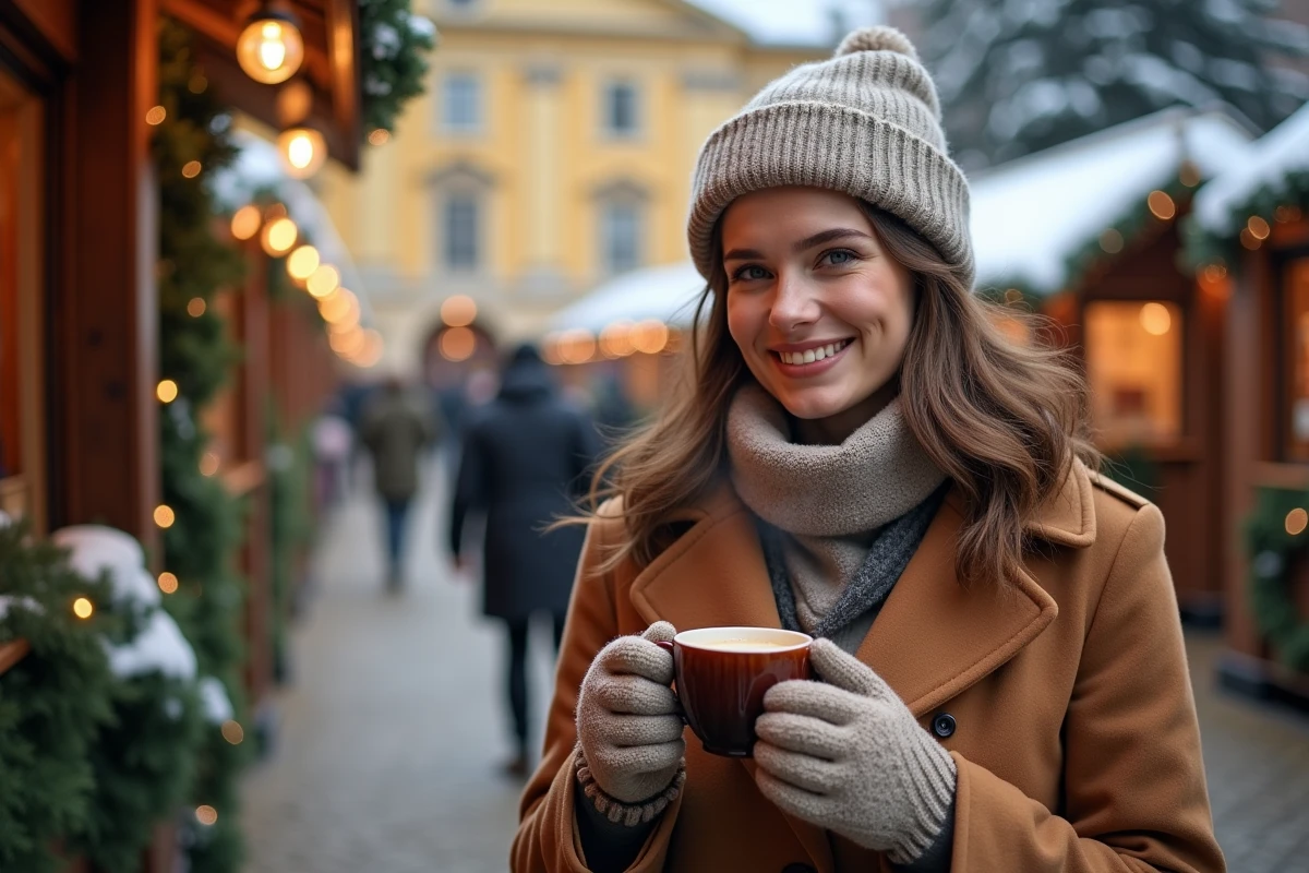 Femme dégustant un vin chaud au marché de Noël du château de Schönbrunn à Vienne en hiver
