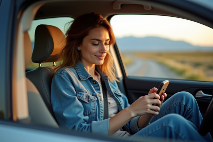 Jeune femme dans une voiture en road trip regardant son smartphone