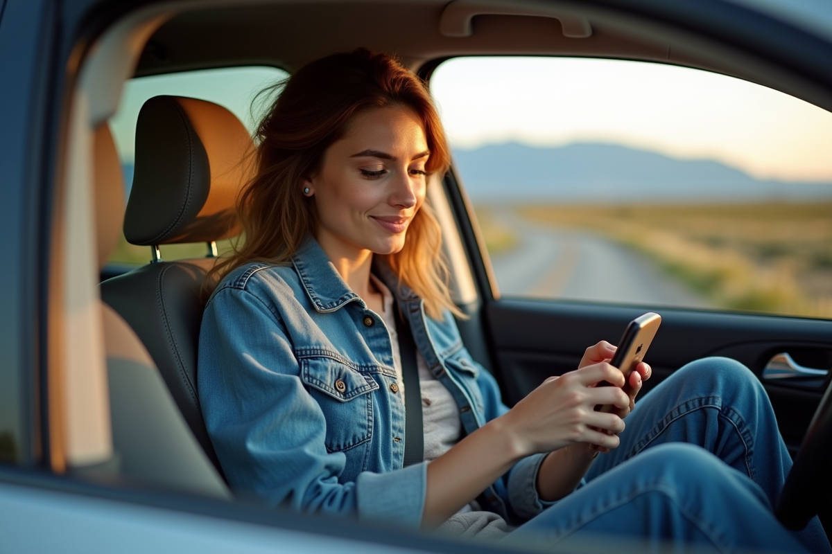 Jeune femme dans une voiture en road trip regardant son smartphone