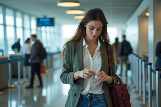 Femme élégante plaçant un parfum dans son sac à l'aéroport