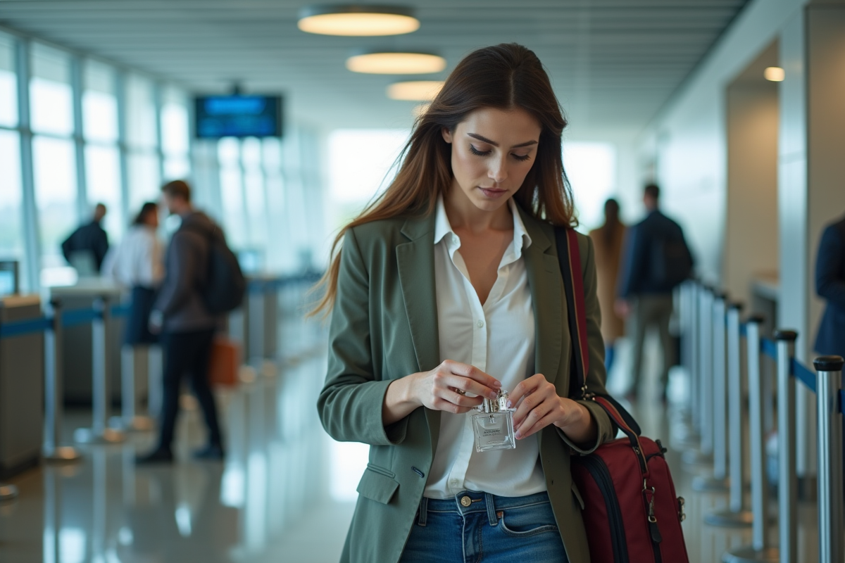 Femme élégante plaçant un parfum dans son sac à l'aéroport