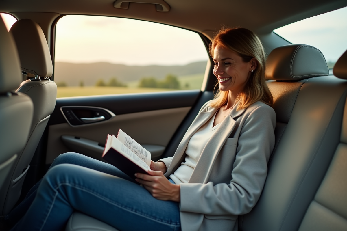 Femme souriante en voyage confort dans une voiture moderne
