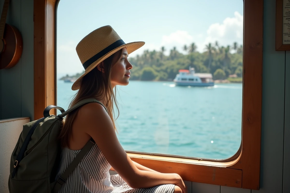 Femme voyageuse regardant par la fenêtre d’un bateau