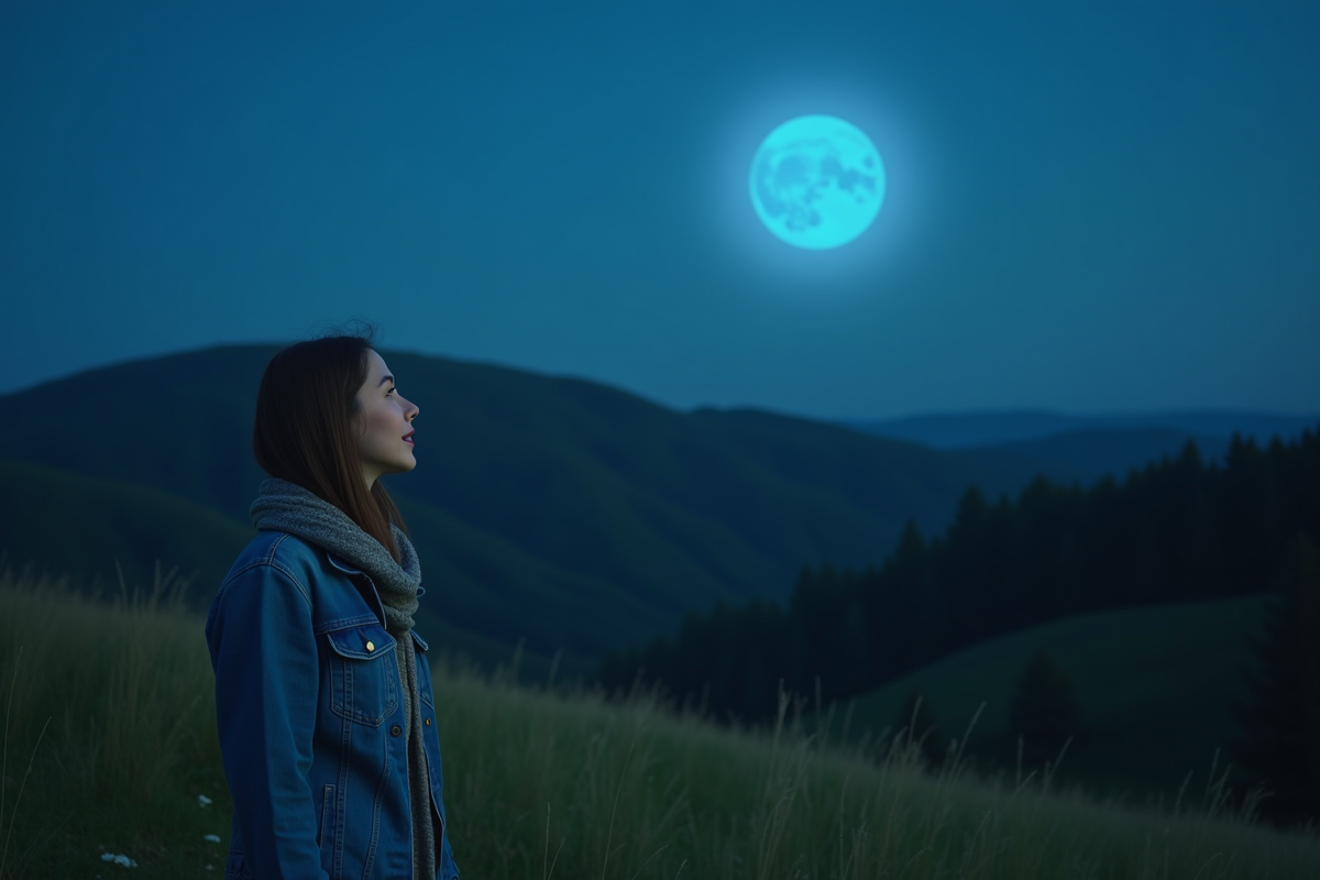 Jeune femme regardant la lune bleue la nuit sur une colline