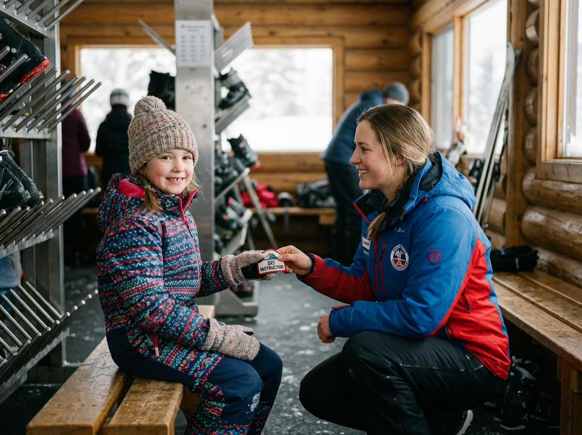 Jeune fille recevant un badge de ski d