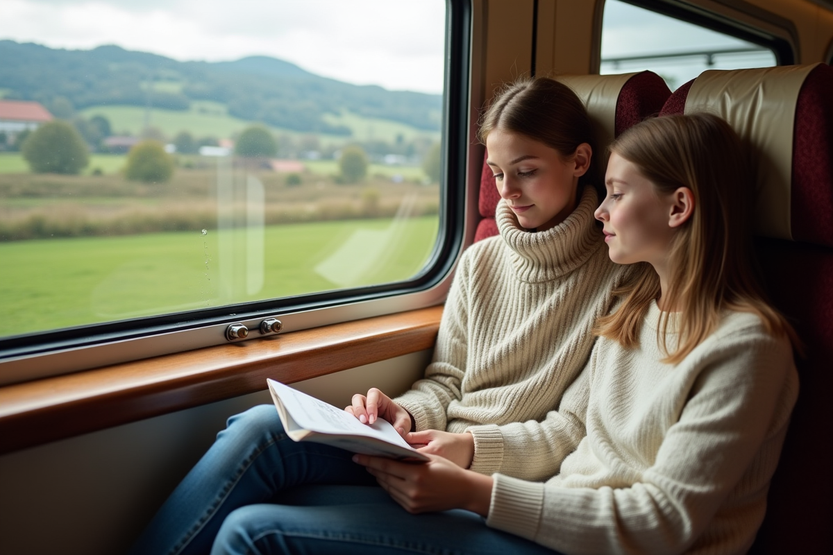 Mère et fille discutant dans un train avec paysage rural