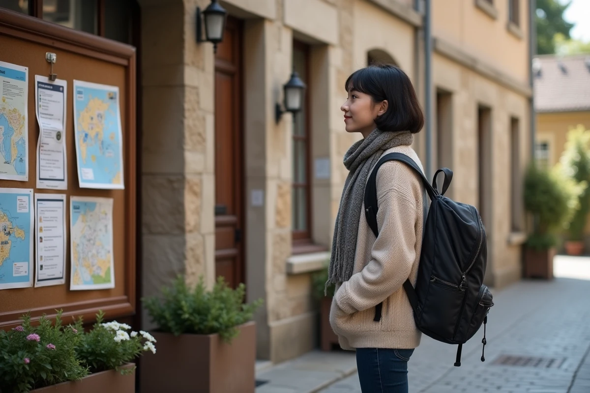 Jeune étudiante contemplant un panneau d