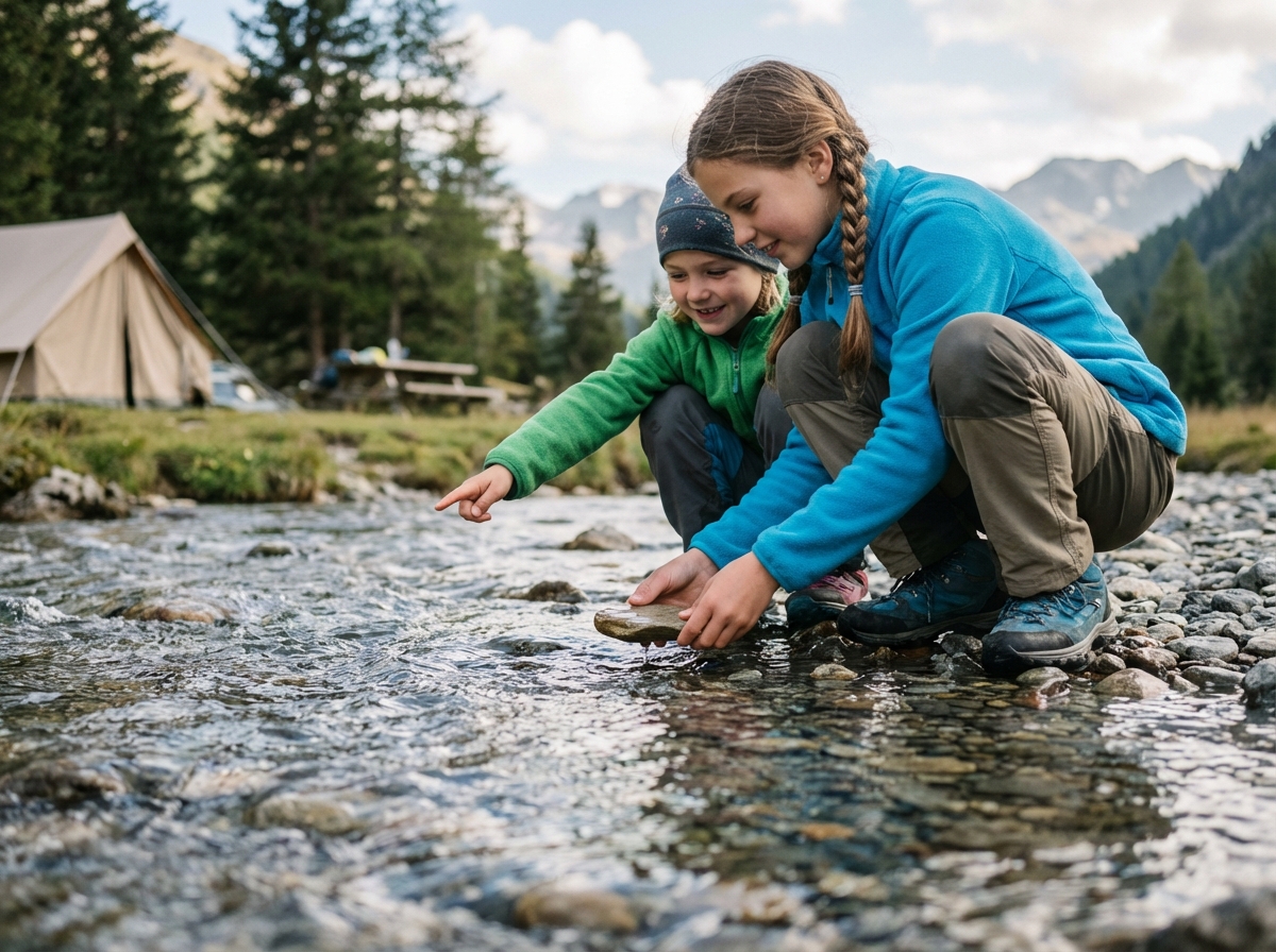 Filles jouant au bord d’un ruisseau en pleine nature
