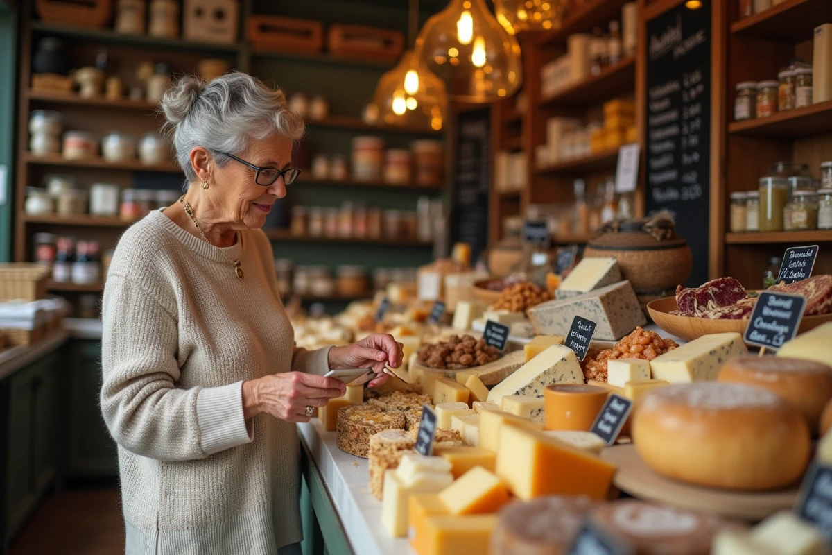 Femme examinant fromages et charcuterie au marché de Dancharia