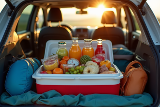 Glacière ouverte dans la voiture avec snacks et boissons