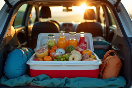 Glacière ouverte dans la voiture avec snacks et boissons