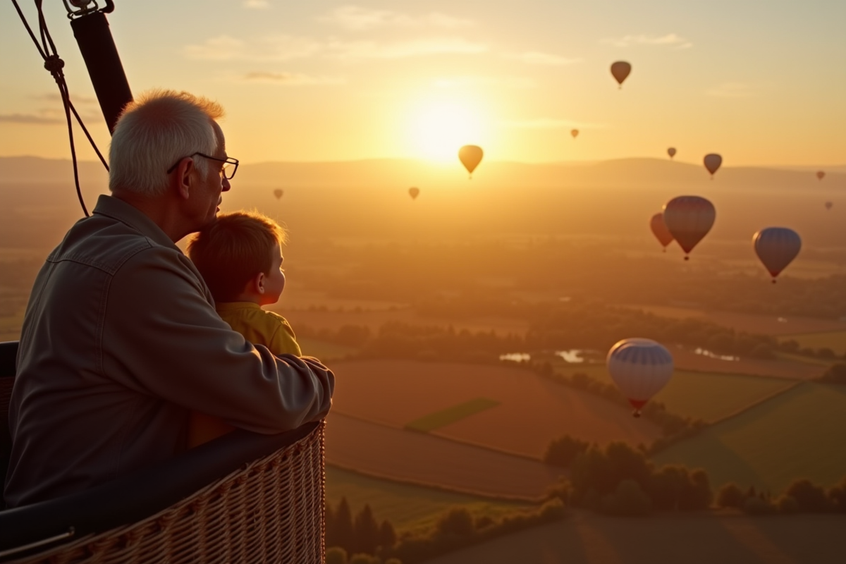Grand-père et petit-enfant regardant le paysage en ballon