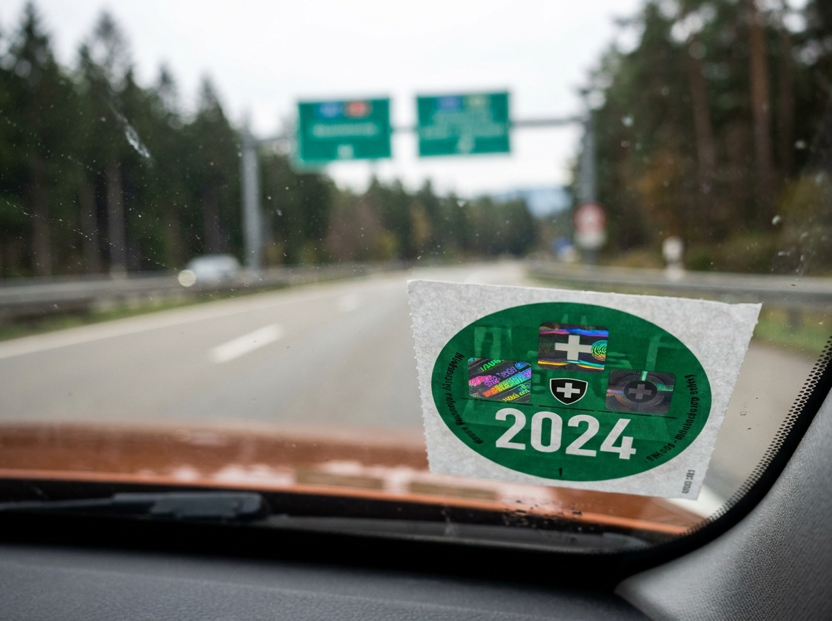 Gros plan sur une vignette autoroutière suisse collée sur le pare-brise avec une autoroute suisse floue en arrière-plan
