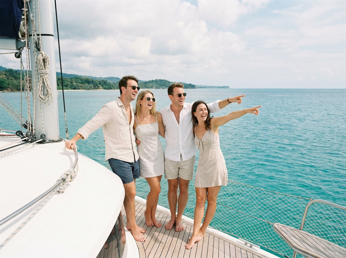 Groupe d'amis souriants sur un catamaran en mer turquoise