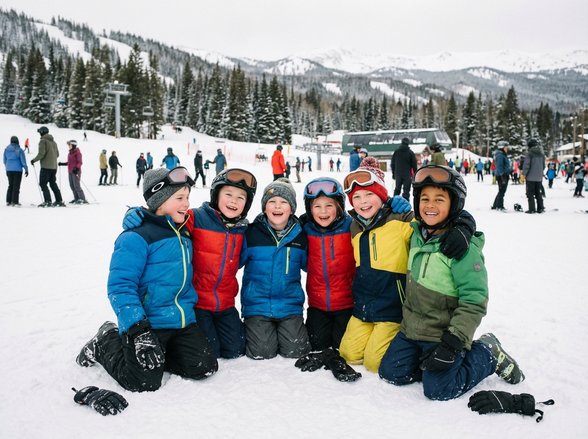 Enfants souriants en ski sur une pente enneigee