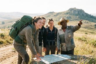Groupe de voyageurs avec guide en pleine nature