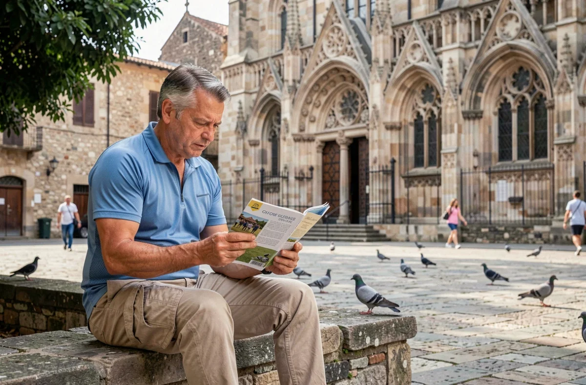 Touriste consultant un guide pratique de Guérande assis sur les pavés de la place de la Collégiale