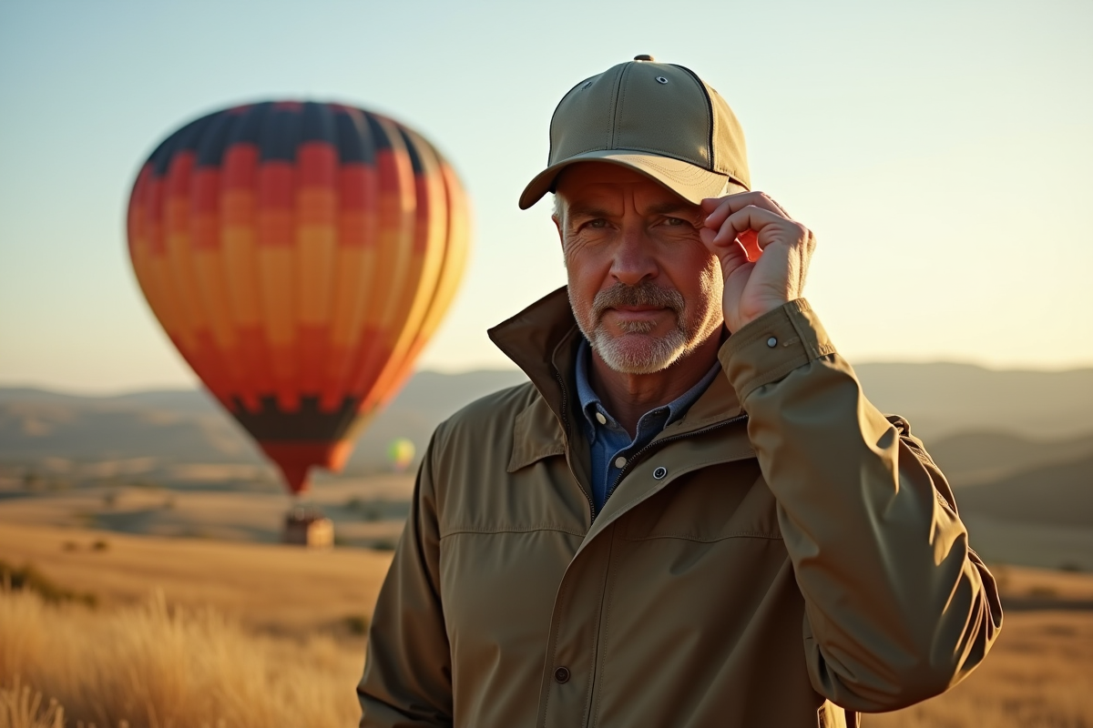 Homme ajustant son chapeau près d’un ballon dans un champ