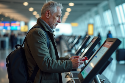 Homme d'âge moyen à l'aéroport vérifiant son passeport