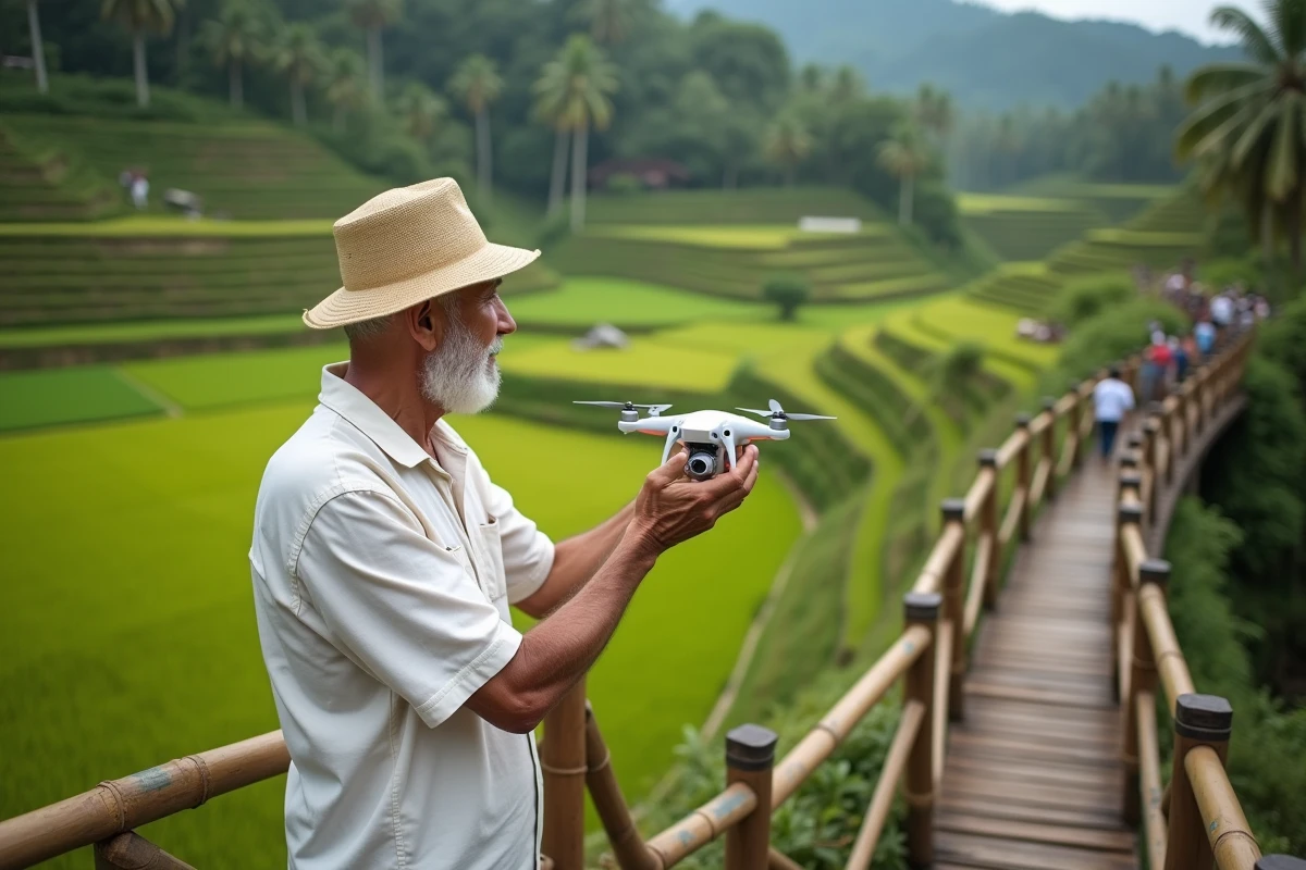 Homme âgé lançant un drone sur une rizière à Tegallalang