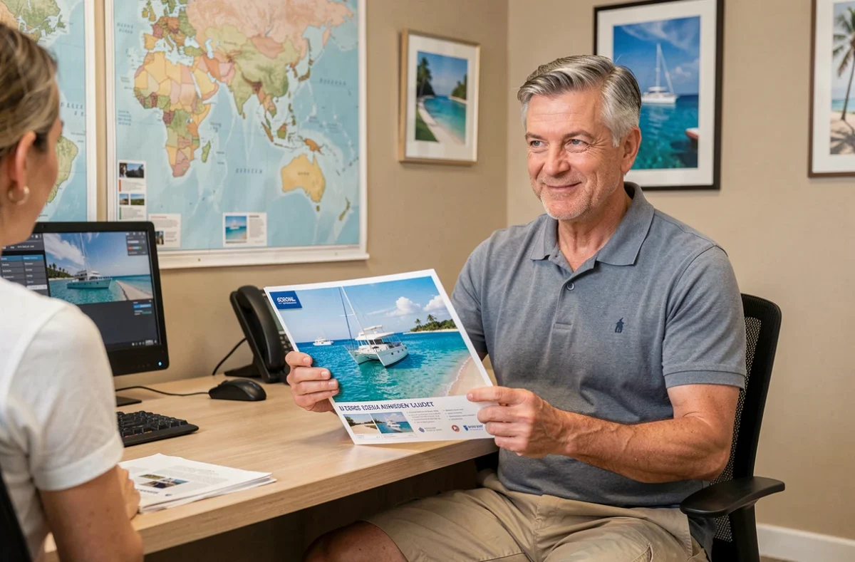 Homme consultant un agent de voyage pour réserver une croisière en catamaran aux Caraïbes