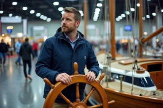 Homme à la barre d'un voilier exposé au Salon nautique international de Paris, hall d'exposition en arrière-plan
