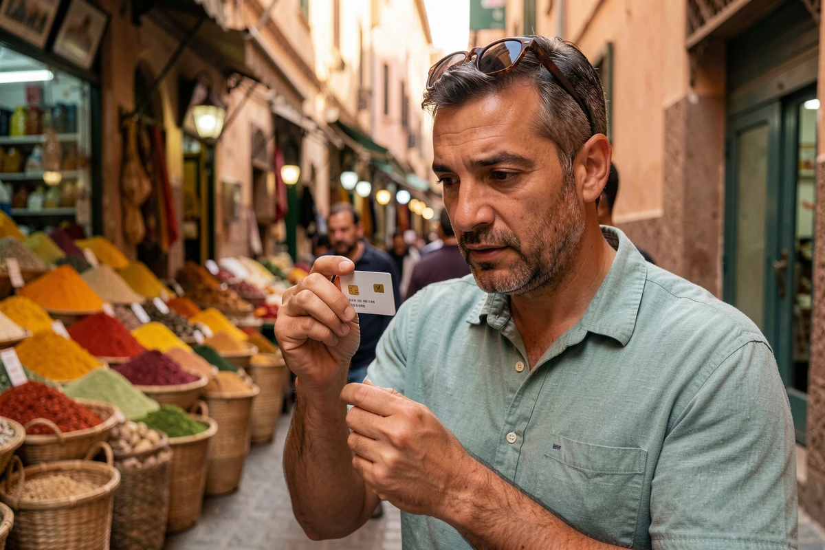 Homme tenant une carte SIM pour un forfait téléphonique au Maroc dans un marché traditionnel