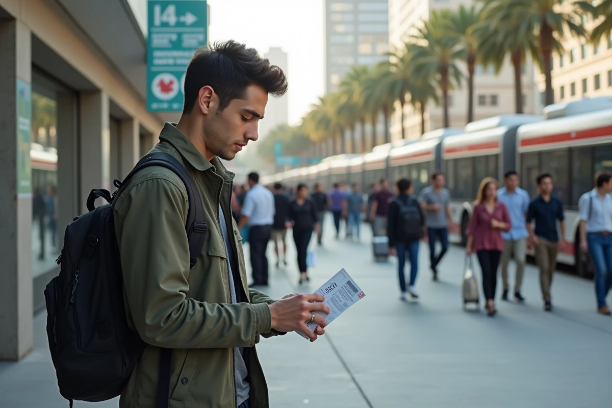 Jeune homme vérifiant son billet à la gare routière