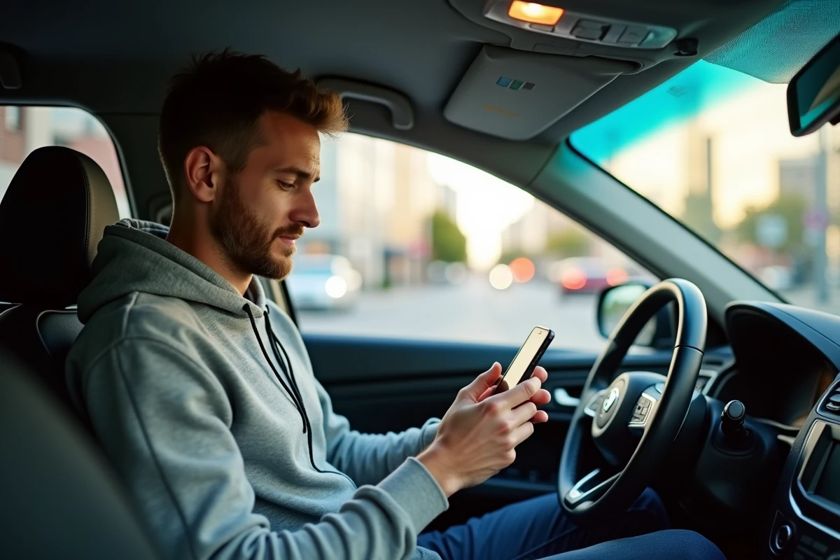 Homme en covoiturage consultant une application de planification de trajet sur son téléphone en ville