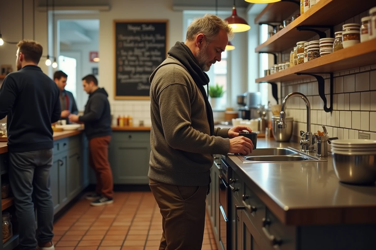 Homme en voyage lavant une tasse dans la cuisine commune