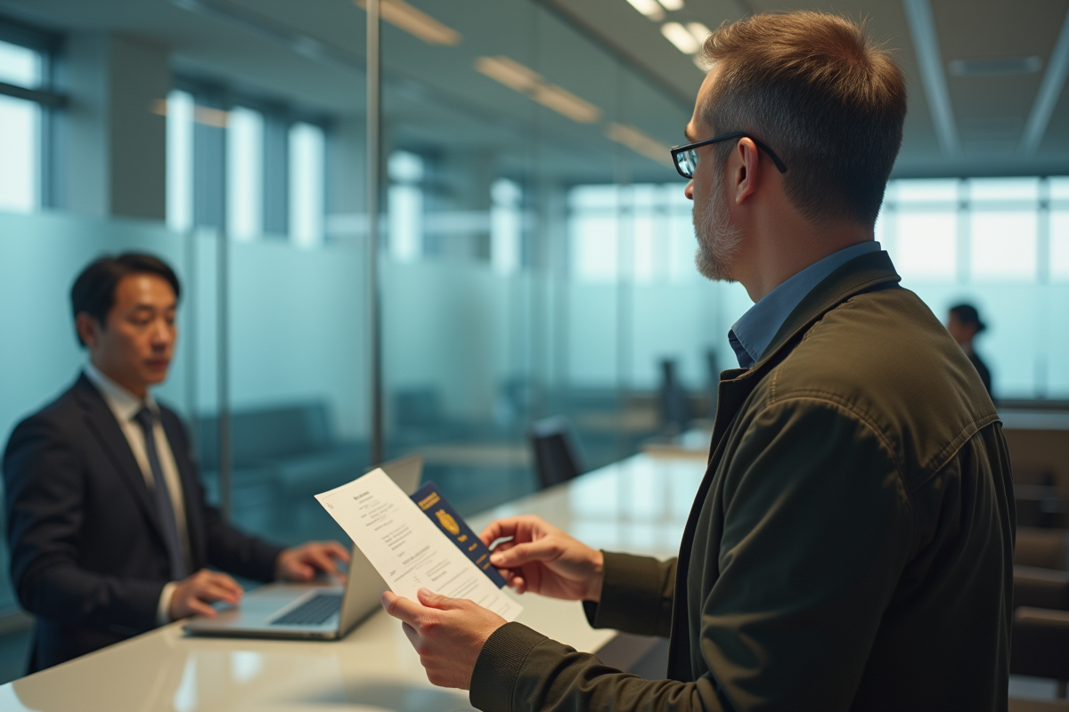 Homme remettant ses documents au bureau de visa
