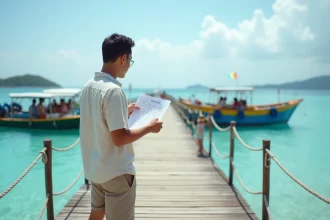 Homme asiatique en tenue décontractée sur jetée à Gili Air