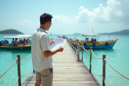 Homme asiatique en tenue décontractée sur jetée à Gili Air