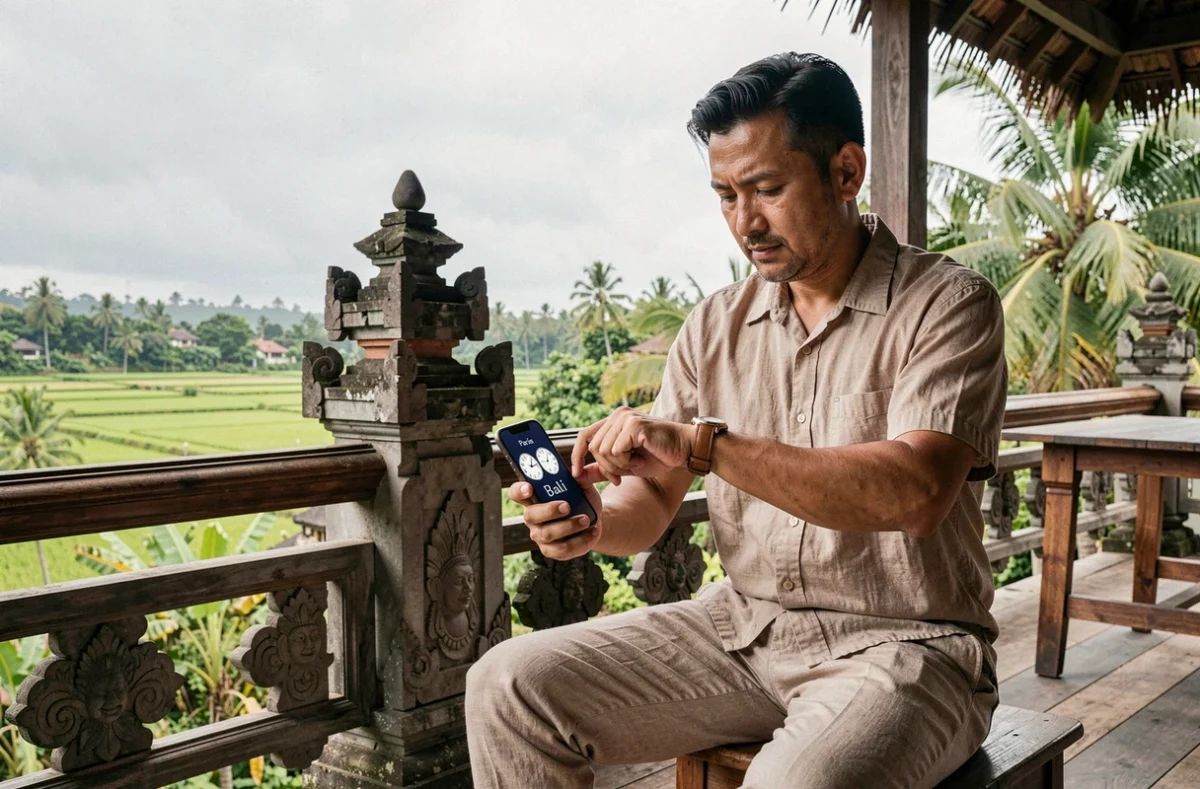 Homme vérifiant l'heure sur sa montre depuis une terrasse balinaise entourée de verdure tropicale et de rizières