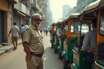 Homme indien en uniforme près d'autorickshaws à Mumbai