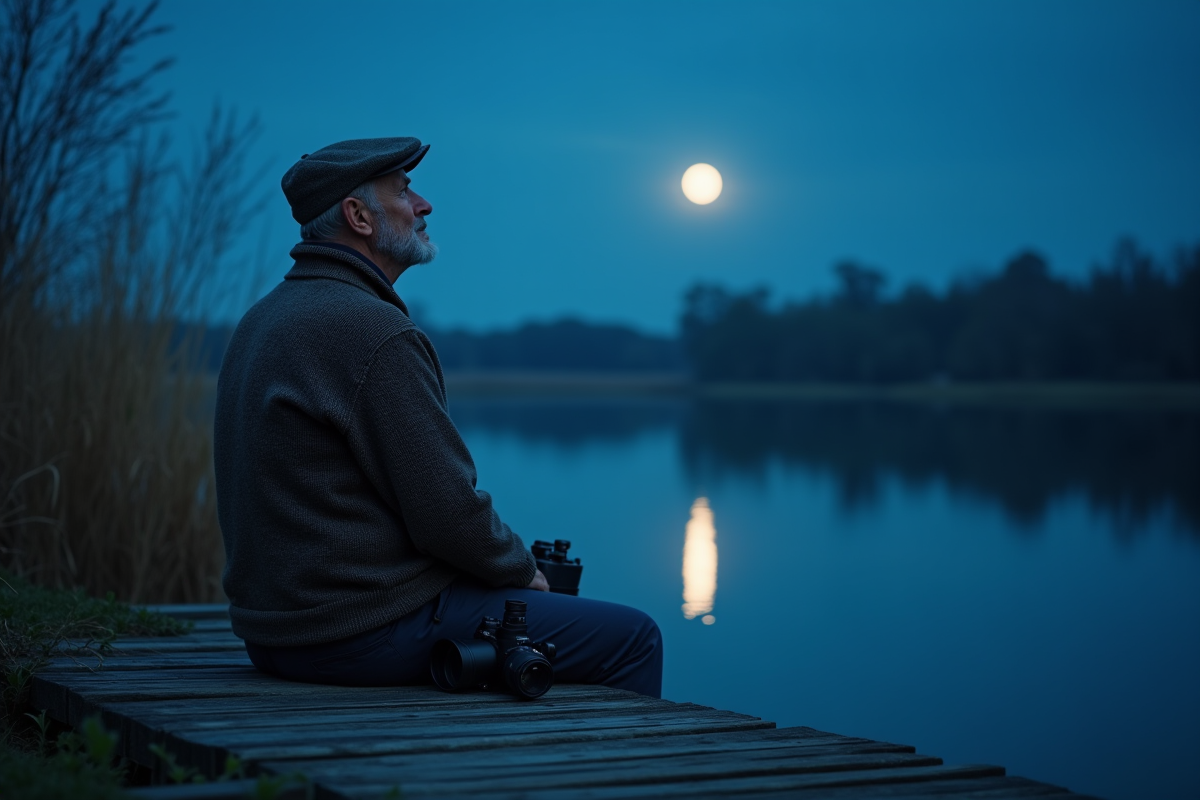 Homme âgé observant le ciel étoilé au bord du lac au crépuscule