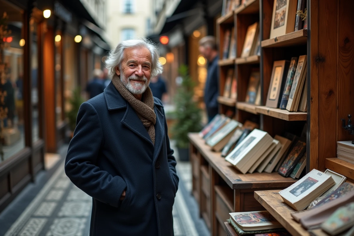 Homme âgé parcourant livres artisanaux dans Passage Vivienne