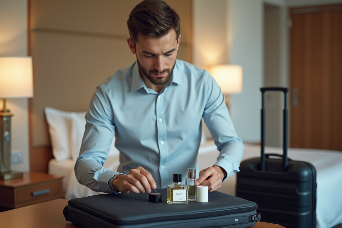 Jeune homme préparant ses produits de voyage dans une chambre d