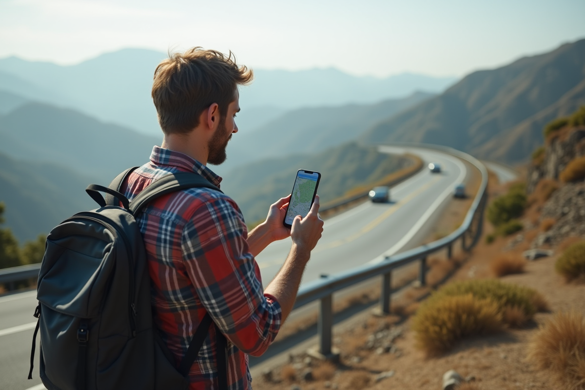 Homme avec sac à dos montrant une carte sur smartphone au bord de la route