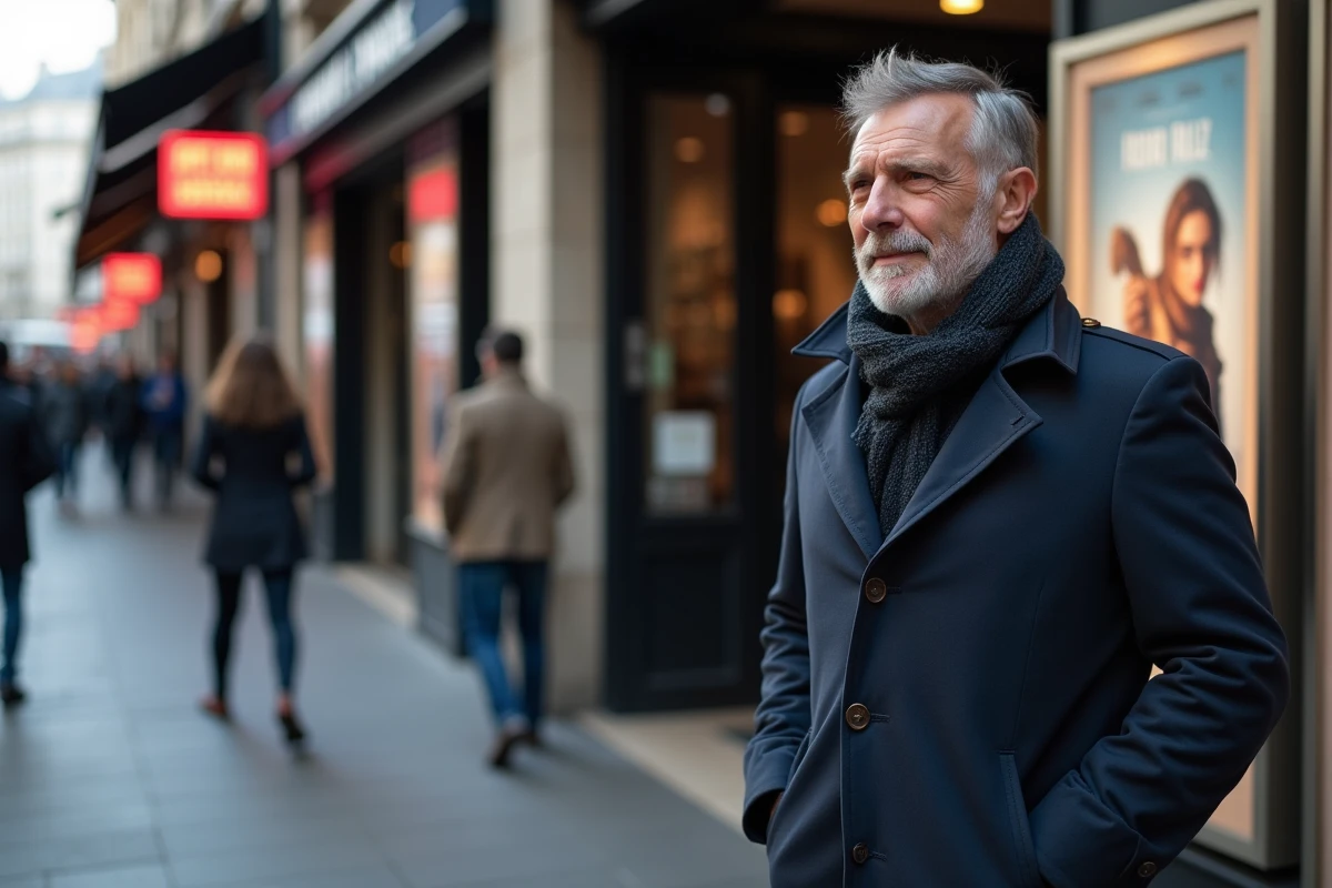 Homme regardant affiche de film devant un cinéma parisien