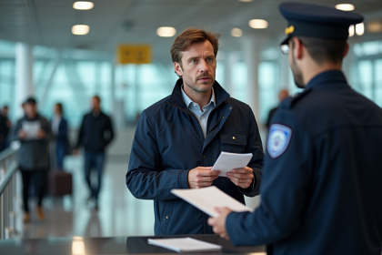 Homme d'âge moyen présentant son passeport à la douane